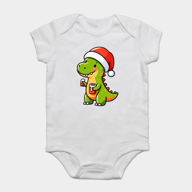 Cute Dino Santa Hat Xmas Cartoon Christmas Dinosaur Baby Bodysuit by Frank Ring